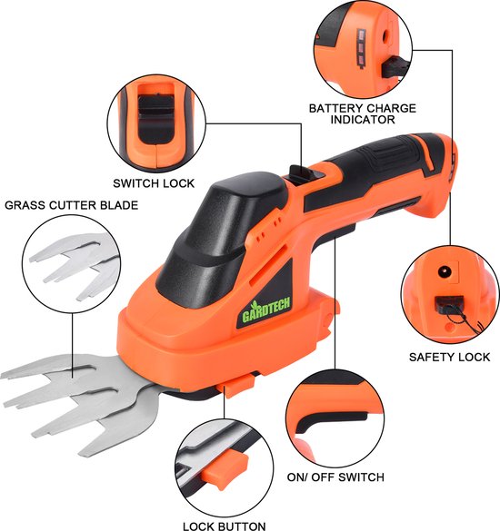 GARDTECH accu gras- en heggenschaar, 7,2 V snoerloze tuinschaar met 1,3 Ah (Li-ion-technologie), voor het knippen van heggen, grassen, 8 cm snijbreedte 13,3 cm snijlengte