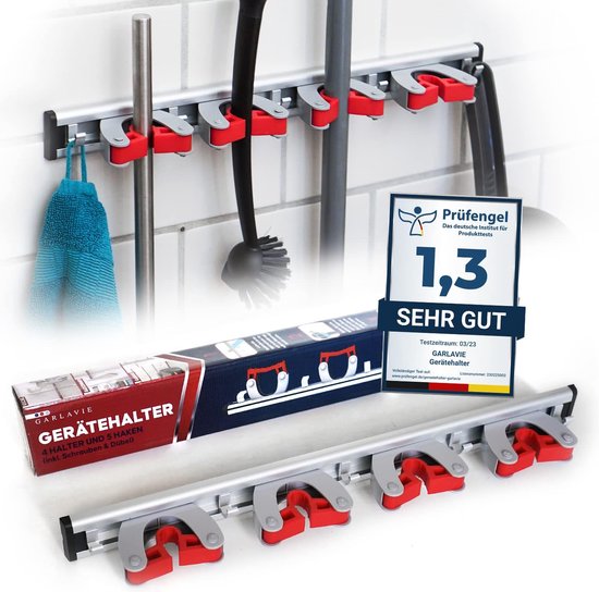 GARLAVIE bezemhouder muur met 4 houders en 5 haken (45 cm) - robuuste ophangsysteem bezem - premium ophangsysteem tuingereedschap en tuingereedschaphouder - 1x van GARLAVIE