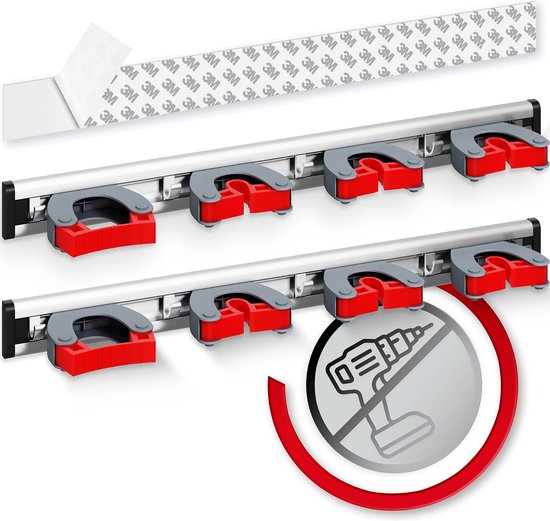 GARLAVIE bezemhouder muur zelfklevend 4 houders en 5 haken - ophangsysteem bezem - ophangsysteem tuingereedschap zonder boren - 2x van GARLAVIE