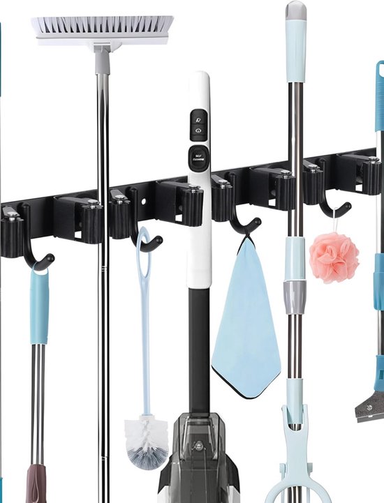 Garpex® Bezemhouder - Bezem Ophangsysteem Tuingereedschap - 5 Houders 6 Haken - 304 RVS - Gereedschapshouder - 3M Tape - Zwart van Garpex