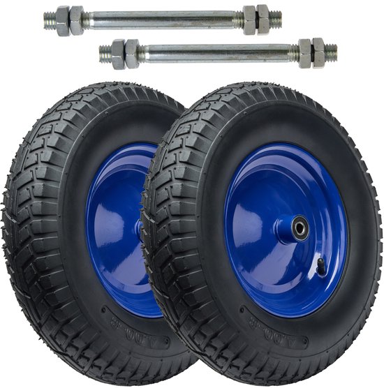 GARRONDA 2-pack zwart-blauw - Vervangwiel Kruiwagen 4.80/4.00-8 Kruiwagenwiel Ø 390 mm Luchtband 6PR Band tot 250 kg met As Stalen Velg Kogellager voor Tuinwagen Erf Bouwplaats GD-0163, Zwart-Blauw van Garronda