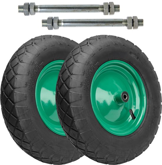 GARRONDA 2-pack zwart-groen - Vervangwiel Kruiwagen 4.80/4.00-8 Kruiwagenwiel Ø 390 mm Luchtband 4PR Band tot 120 kg met As Stalen Velg Kogellager voor Tuinwagen Erf Bouwplaats GD-0163, Zwart-Groen