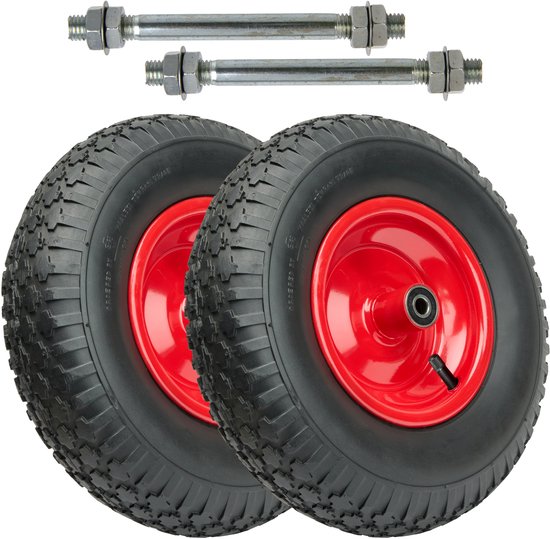 GARRONDA 2-pack zwart-rood - Vervangwiel Kruiwagen 4.00-6 Kruiwagenwiel Ø 320 mm Luchtband 2PR Band tot 90 kg met As Stalen Velg Kogellager voor Tuinwagen Erf Bouwplaats GD-0163, Zwart-Rood van Merkloos	