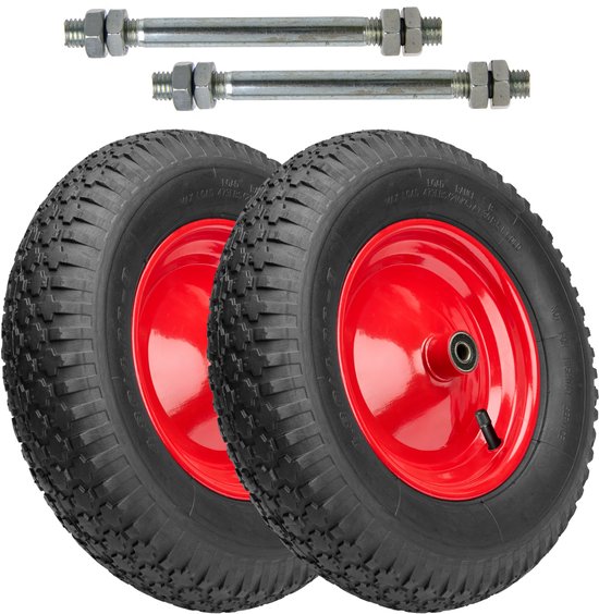 GARRONDA 2-pack zwart-rood - Vervangwiel Kruiwagen 4.80/4.00-8 Kruiwagenwiel Ø 390 mm Luchtband 2PR Band tot 100 kg met As Stalen Velg Kogellager voor Tuinwagen Erf Bouwplaats GD-0163, Zwart-Rood