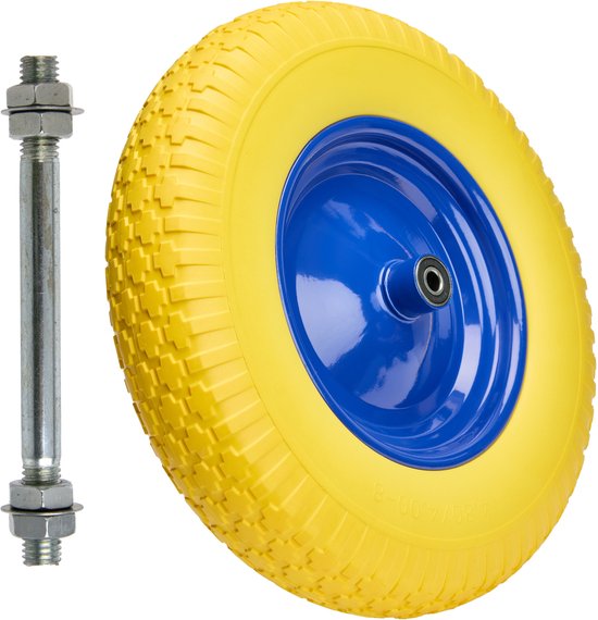GARRONDA - PU Massief Wiel 4.80/4.00-8 lekvrij onderhoudsvrij tot 100 kg Kruiwagenwiel Vervangwiel Kruiwagen met As Stalen Velg Kogellager voor Tuinwagen Erf Bouwplaats GD-0165, Geel-Blauw van Garronda