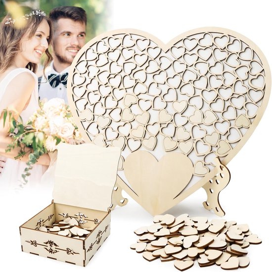 Gastenboek voor bruiloft - gepersonaliseerd van hout - hartjes - alternatief met sokkel - opbergdoos en 100 houten hartjes - handtekeningkaarten - houten hartjes - bruiloftsdecoratie - unieke trouwaccessoires van Merkloos	