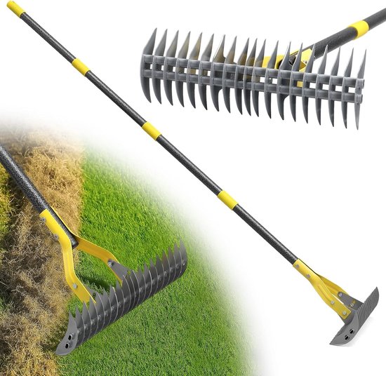 Gazon nivelleerhark - Grijs - 178 cm - Verstelbare metalen hark met dubbel tand ontwerp - Voor tuin en gazononderhoud