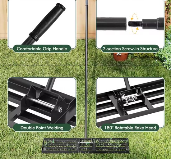 Gazon Niveller Hark - 91cm Breed - Lawn Leveling Rake - Gazon Egalisator - Inclusief 170cm Lange Steel - RVS Gepoedercoat - Zwart