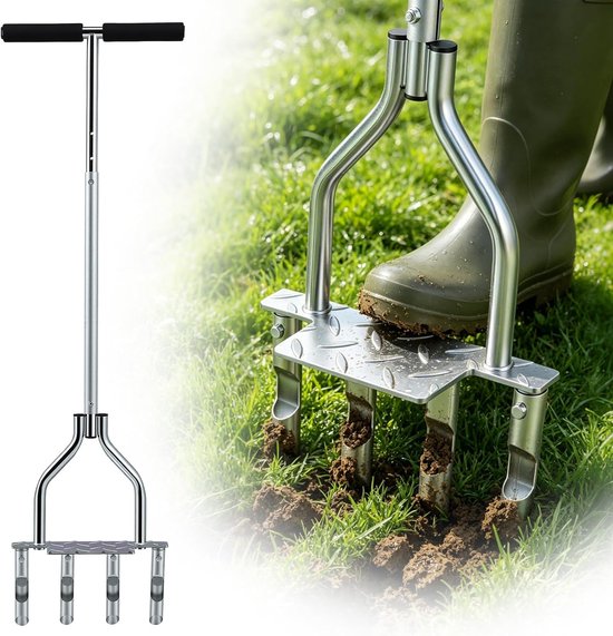 Gazonbeluchter handmatig 93 cm - met 4 holle tanden - inklapbaar - voor bodemventilatie en gazononderhoud - SnelShoppen