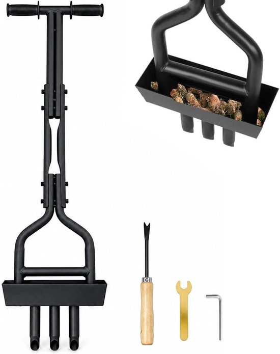 Gazonbeluchter Handmatig - met Opvangbak voor Aarde - Grasperforator Tuin - Bodem Ontluchten - Ergonomische T-Grip - Zwart