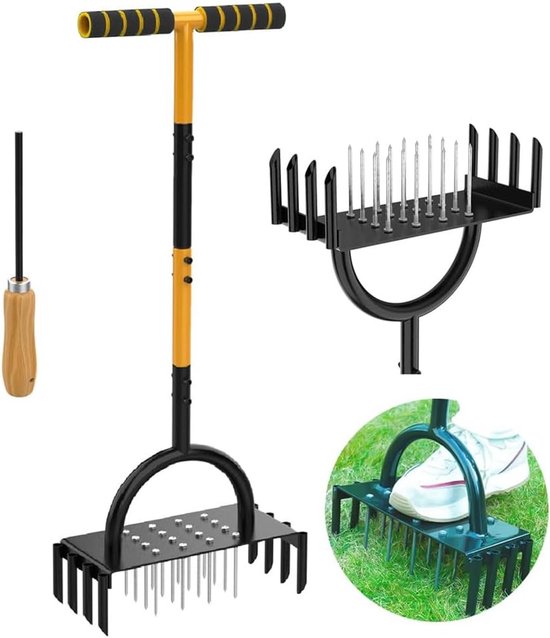 Gazonbeluchter Handmatige gazonbeluchter Gereedschap met 16 spikes en 8 kernen, beluchting van tuingras, gereedschap voor het beluchten van gazons en tuinonderhoud, herstelt de gezondheid van het gazon van Offcllo