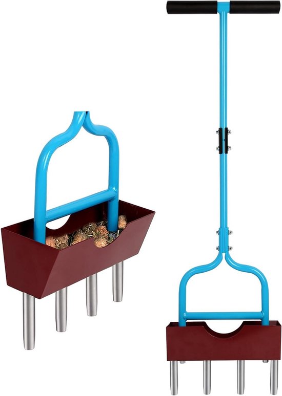 Gazonbeluchter met bak - Gras beluchter tool - Gazon onderhoud - Grotere opbergbak bodemkernen - 965 cm handvat - Hemelsblauw/wijnrood van Merkloos	