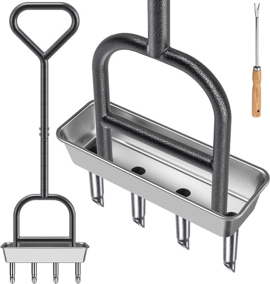 Gazonbeluchter, verbeterde kern holle tand gras beluchting tool handleiding tuin bodem plugger 4 Prong Heavy Duty Coring Beluchting Spike Driehoek Handvat met Core Opslag Tray & Clay Release