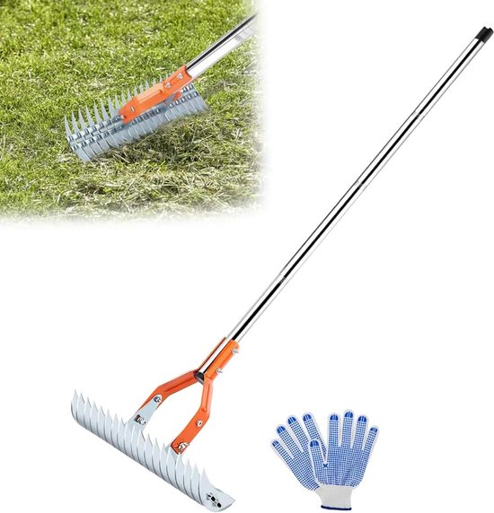 Gazonhark, 15 inch gazonhark, krachtige verticuteerhark met handschoenen, 162 cm veelzijdige grashark voor verdord gras, reiniging, tuin, grondhark
