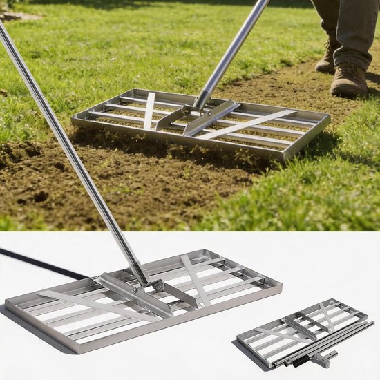 Gazonhark 85 x 35 cm Verstelbare Steel 200cm Verdikt V2A Roestvrijstaa | Gazonrakel voor Snel Egaliseren van Gazon, Tuin, Zand, Grond en Golfbaan – Robuust, Antislip en Belastbaar tot 80kg