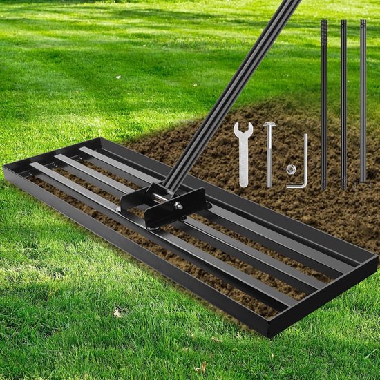 Gazonhark - Bodem egaliseerhark - Vuil nivelleren grond - Verstelbare lange steel - 115 x 25 cm - Zwart van Merkloos	