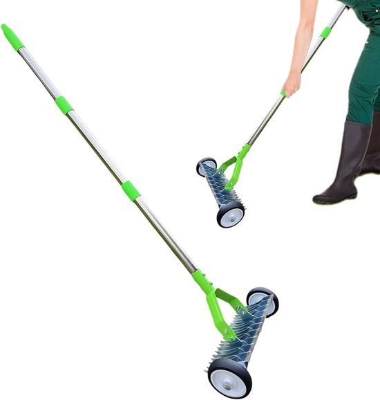 Gazonhark, met metalen wielen, lange handgreep, tuinhark voor nivellering met wielen, voor buiten, tuin, binnenplaats, bladeren, gazontapijt, losmaken