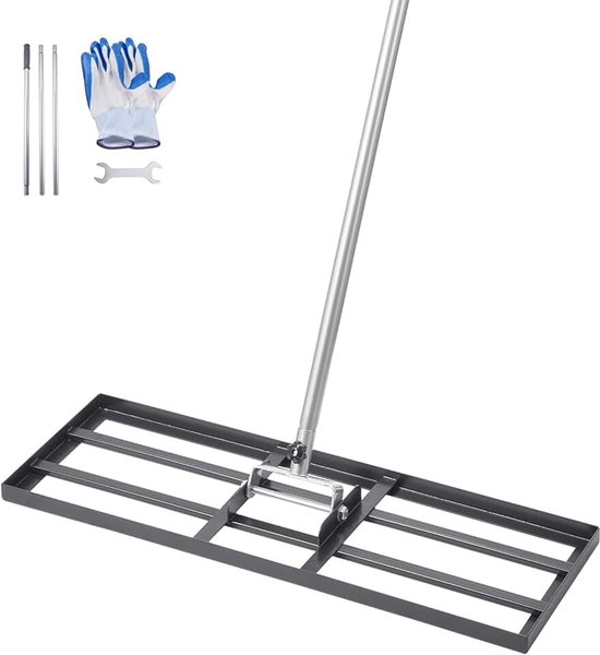 Gazonhark, nivelleringsapparaat van koolstofstaal, roestvrij met handvat, 2130 mm, bodemplaat 254 x 762 mm, verstelbaar, voor golfbaan