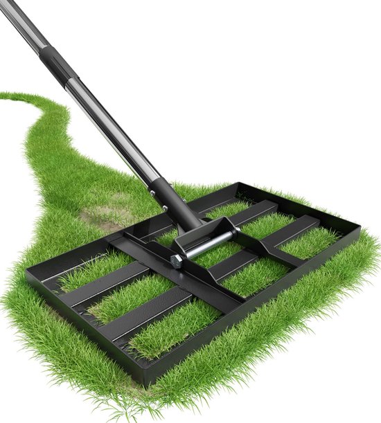 Gazonrakel 43 x 25 cm met extra lange verstelbare 2 meter lange metalen steel, zeer belastbare tuinhark, eenvoudig - ShopVlot