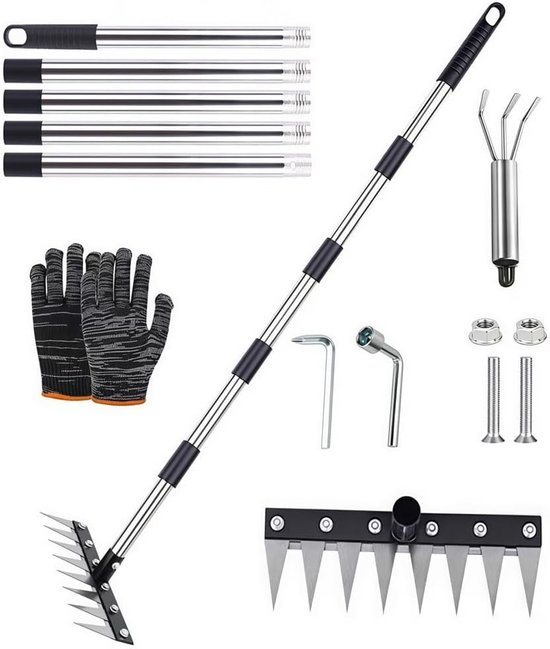 Gazonrakel - RVS - 185 cm - Met 8 Tanden en Verstelbare Steel - Voor Tuinonderhoud