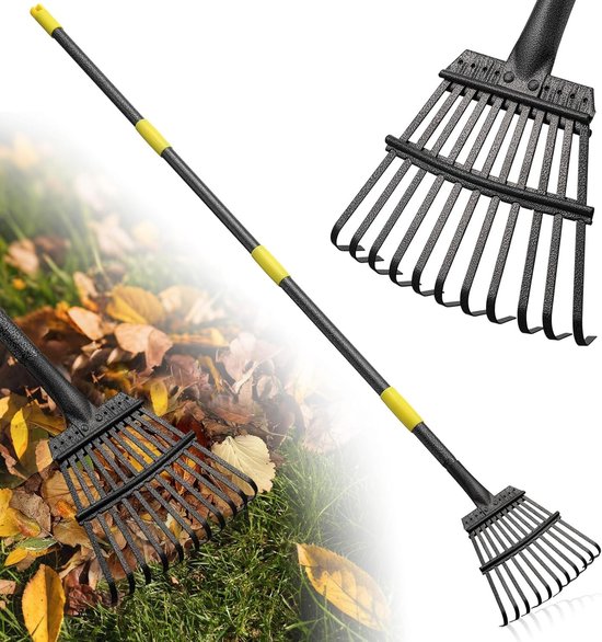 Gazonrakel - Staal - 150 cm - 11 Metalen Tanden - Verstelbare Handgreep - Tuinbladverzamelaar voor Delicate Planten