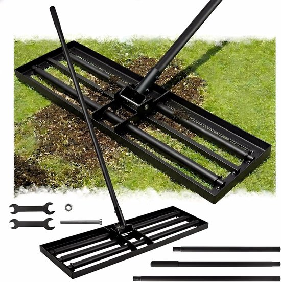 Gazonrakel - Zwart - 207 cm - A3 Stalen Gazonnivelleringshark met Rolkop - Voor Tuin en Sportveld