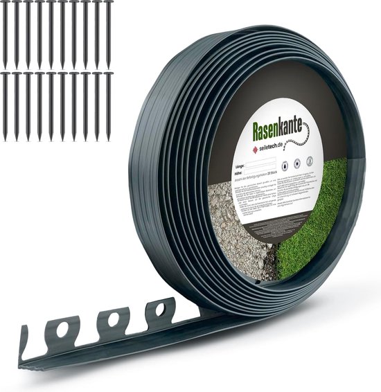 Gazonrand, kunststof, grafiet, 50 mm x 10 m, met 20 spijkers, tuinrand, gazonrand, gazonrandbegrenzing, bloemperkbegrenzing, decoratieve van GAZ