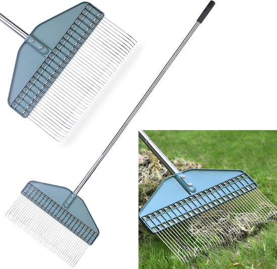 Gazonrieten hark, hark voor bladeren, tuinhark met 43 cm kop - 66 inch roestvrijstalen handvat voor tuin, gazon, struik, tuinbedden, pluimveehuis