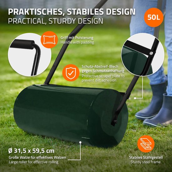 Gazonroller kan worden gevuld met water of zand 50 liter vulvolume Groene tuinroller 60 cm gemaakt van staal van Merkloos	