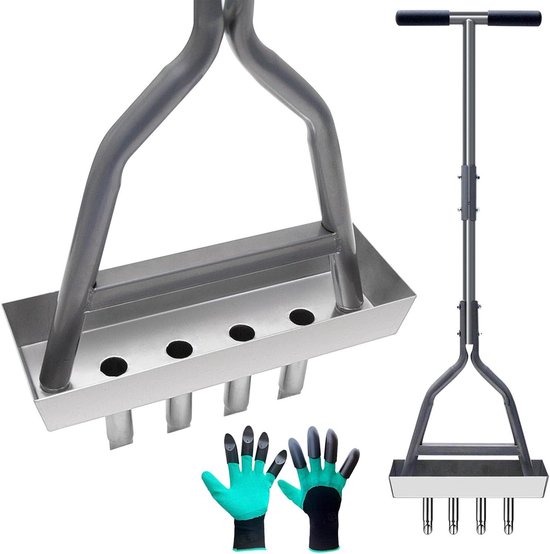 Gazonventilator met metalen gazonbeluchter en legbak, T-greep spike-beluchter voor gazononderhoud. van Merkloos	