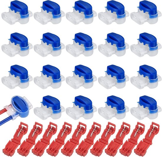 Gelconnector - Kabelverbinders voor robotmaaier- 20 stuks kabelconnector en 10 stuks waterdichte draadklemmen - accessoires voor grasmaaiers - 3-gats aansluitblok - blauw van Merkloos	
