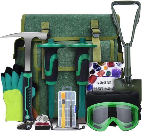 Geologische Hamer Set - Rotshamer Kit - Rotsen Verzamelen - Complete Rugzakset - 16 Delig - Groen