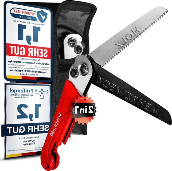 Gepatenteerde All-in-One dubbelbladige klapzaag voor hout-metaal-aluminium-kunststof 20 cm koolstofstaal professionele zaag - rood. garden saw hand van DeWit