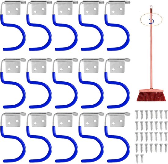 Gereedschapshaken Set - Haken Ophanging - Tuingereedschap Opbergen - Stevig Metaal Ontwerp - 15 Stuks - Blauw