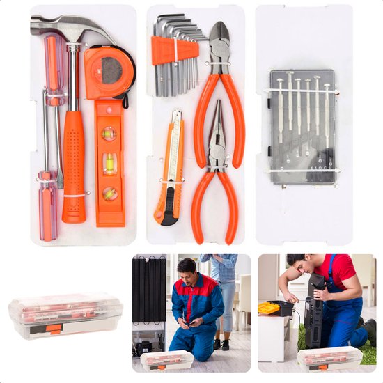 Gereedschapsset - 23-delig - Gereedschapskist - Gereedschapskoffer - Handgereedschap - Rolmaat - Inbus - Hamer - Tangen - Schroevendraaier - Waterpas - Voor Hobbyist & Professional - Inclusief EBOOK van Merkloos	