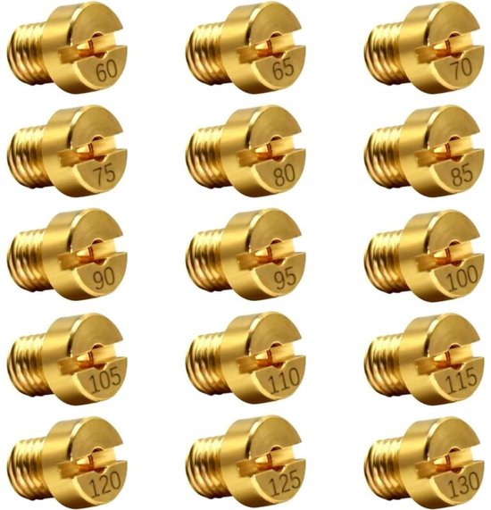 Geschikt voor Doos met 15 sproeiers 6 mm carburateur hoofdsproeierset voor Dell'Orto PHBN-PHVA 12 en 17,5 mm carburateur maat 60, 65, 70, 75, 80, 85, 90, 95, 100, 105, 110, 115, 120, 125, 130 van Merkloos	