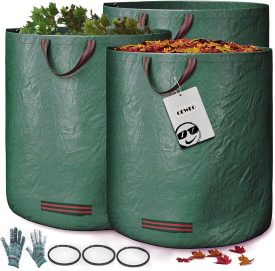 Geweo Tuinafvalzak - Opvouwbare Tuinafvalzak - Afvalzak Tuin - 3 Stuks 276L - 77x67cm/Opvouwbaar - met Handschoen - Onkruidzakken - Bladzakken - Tuinafval - Groenafval Zak - Gebruik voor Tuinonderhoud - Puin zak -Groen van Geweo