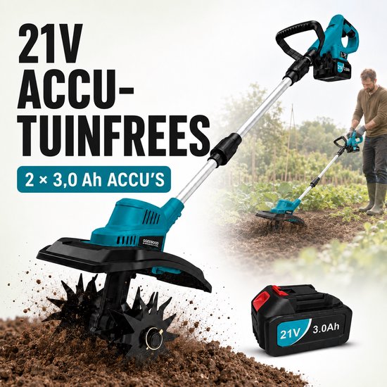 GGEEBOOD Accu Tuinfrees 21V – Elektrische Grondfrees en Draadloze Cultivator – Met 2× 3,0 Ah Accu – Telescopische Steel – Voor Moestuin, Borders, Bloembedden en Kas