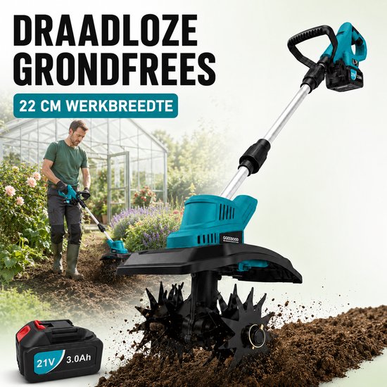 GGEEBOOD Elektrische Accu Grondfrees 21V - Snoerloze Motorhak, Tuinfrees en Bodemwoeler - 2× 3000 mAh Accu - Verstelbaar en Inklapbaar - Voor Grondbewerking, Zaaien en Onkruid