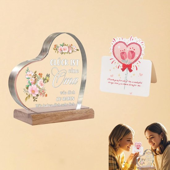 Gifts voor Oma - Verjaardagscadeau - Hartvormige Acryl Ornament met Houten Basis, 10x10cm, Perfecte Verrassing voor Moederdag en Dankzegging van Merkloos	