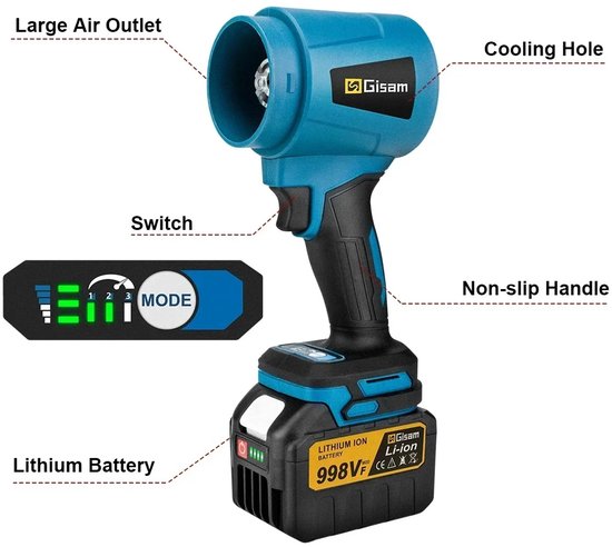 Gisam Bladblazer met accu - Incl. oplader - In gebruik draadloos - Luchtstroom 400 m/s - Compatibel met Makita accu - CE-gecertificeerd en veilig gebruik - - krachtige 3000 W motor - 300.000 rpm - geschikt voor binnen en buiten