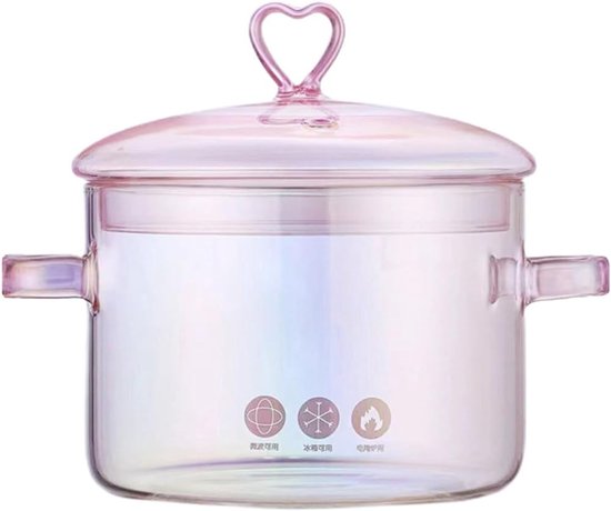 Glazen kookpan met deksel - transparante glazen pot voor koken op het fornuis - 1,5 liter - glazen kookpan voor pasta, soep, melk, thee (roze)