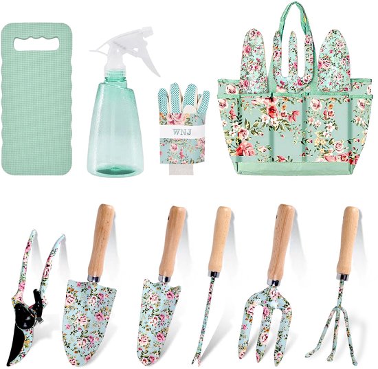 Gloovon® 10-Delige Tuingereedschap Set - RVS Handgereedschap met Tuintas - Inclusief Snoeischaar & Kniekussen - Bloemenprint van Merkloos	