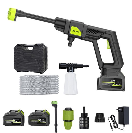 Gloovon® Draadloze Hogedrukreiniger - 30 Bar & 300W - Incl. 15000 mAh Accu & 6-in-1 Spuitkop - Complete Set met Koffer - Zwart