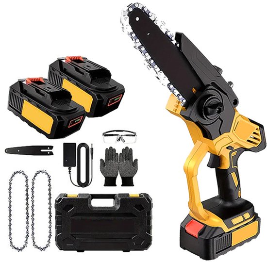 Gloovon® Mini Kettingzaag & Snoeizaag - Borstelloze Motor & Automatische Smering - Met 2 Accu's & Koffer - 15 cm Zaagblad van Merkloos	