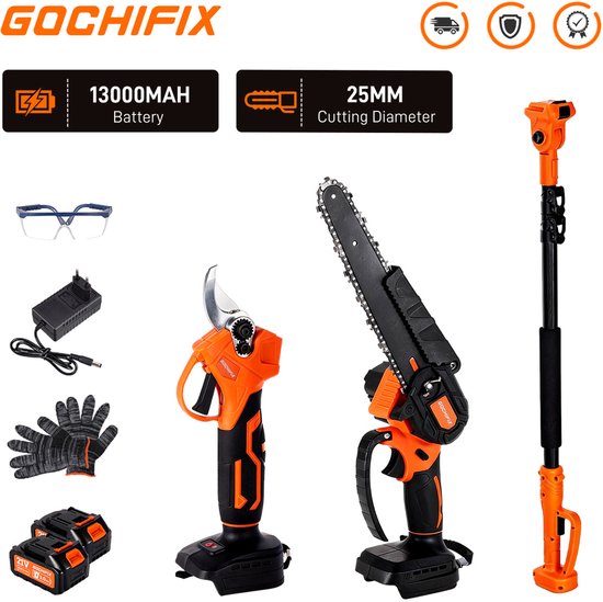 GOCHIFIX Accu Kettingzaag 8 inch met 2m Telescoopsteel, Borstelloze Motor, 2 Batterijen 13000mAh – Snoeizaag, Boomzaag, Draadloos Tuingereedschap