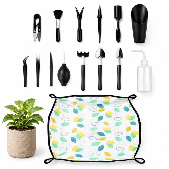 GoGoodies® Tuingereedschap Set 14-delig – Compleet Gereedschap voor Kamerplanten, Bonsai & Stekjes – Plantenschaar, Pincetten, Schepjes, Hark & Verzorgingsmat