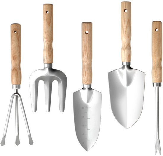 GOODEVN Tuingereedschapsset 5-delig - Roestvrijstalen Tuinschep, Hark en Onkruidsteker - Handgereedschap met Houten Handvatten voor Bloembakken, Moestuin & Klein Tuinwerk van Merkloos	