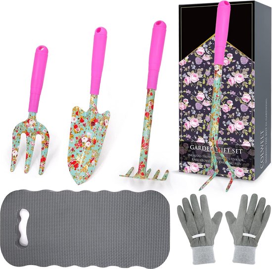 Goodivery ® Bloementuingereedschapset 6-delige tuinset met prachtige print Tuincadeaus voor vrouwen met verplantschepje, vork, handhark, cultivator, tuinhandschoenen en kniebeschermer van Goodivery