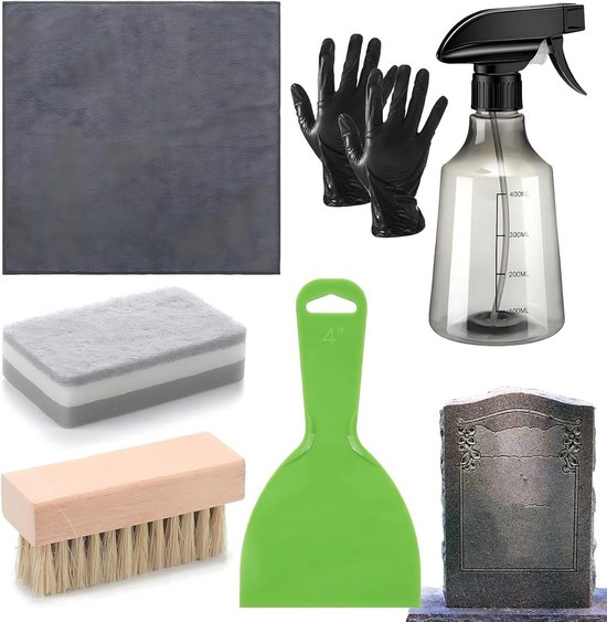 Grafsteen reinigingsset - Grafonderhoud gereedschap - Onderhoud begraafplaats - Complete set met gereedschap - 28x19x10 cm - Meerkleurig